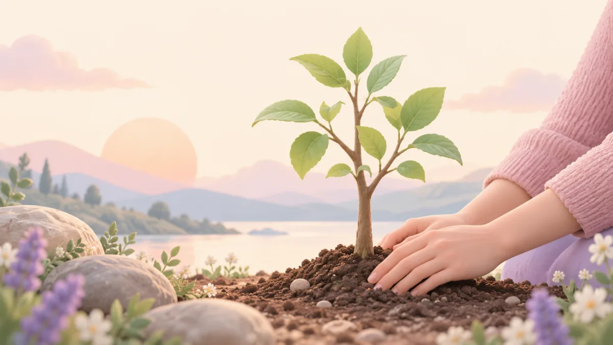 Hands tending soil around a young sapling at sunset, accompanying deeper reflection on worry