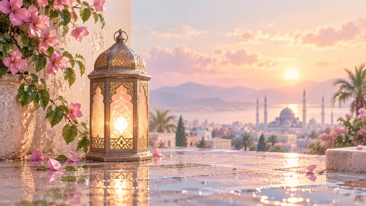 Glowing lantern beside pink flowers overlooking a mosque at sunset, illustrating deeper Quran reflection.