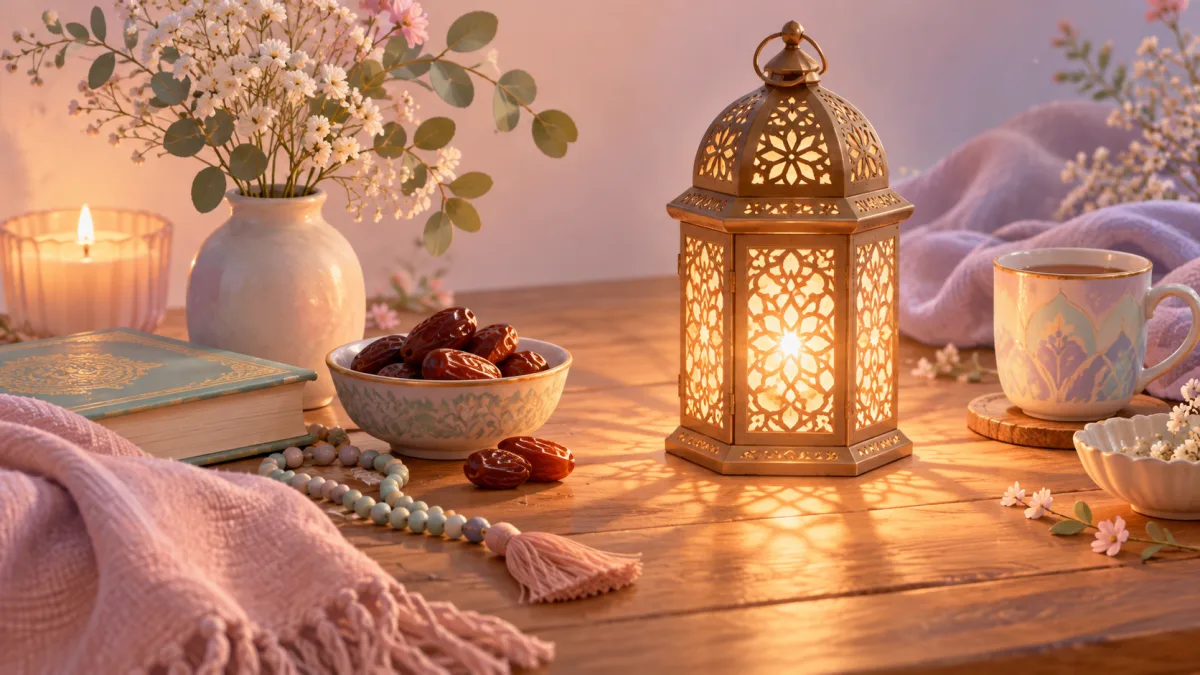 Deeper Ramadan reflection with a decorated book, prayer beads, dates and lantern light
