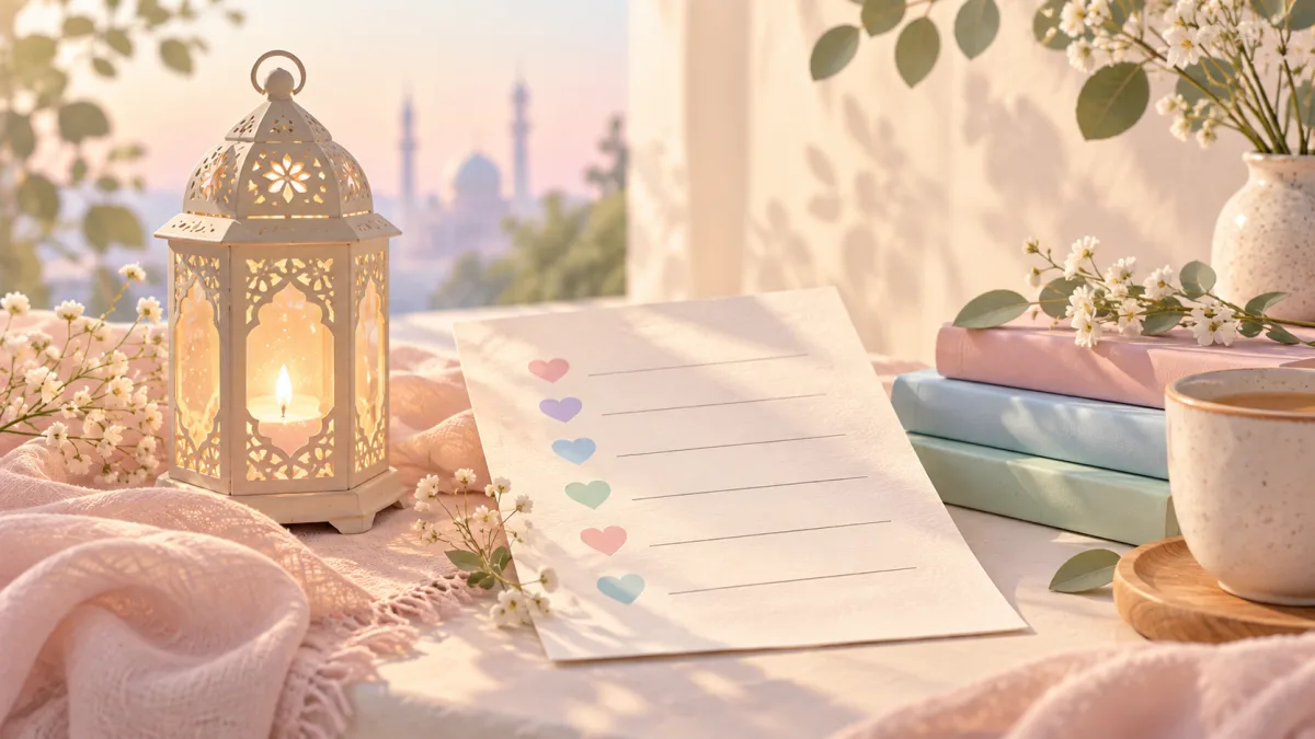 Reflection sheet with pastel hearts beside a lit lantern, books and tea for deeper gratitude reflection