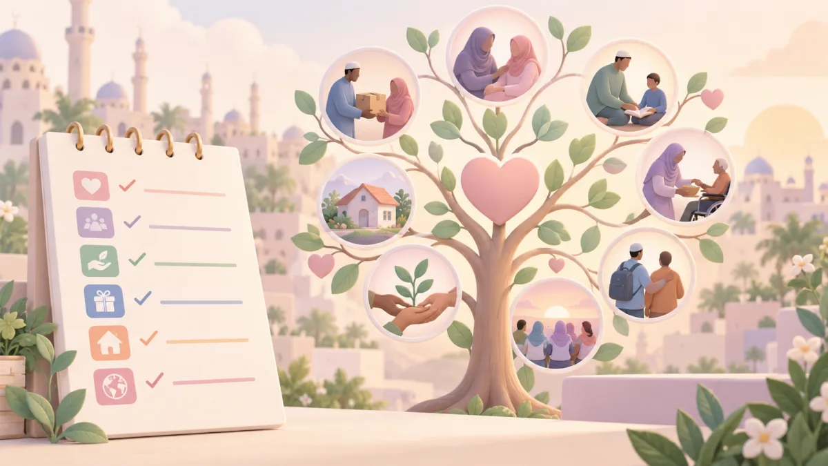 Tree showing acts of care beside a checklist, illustrating reflection on service