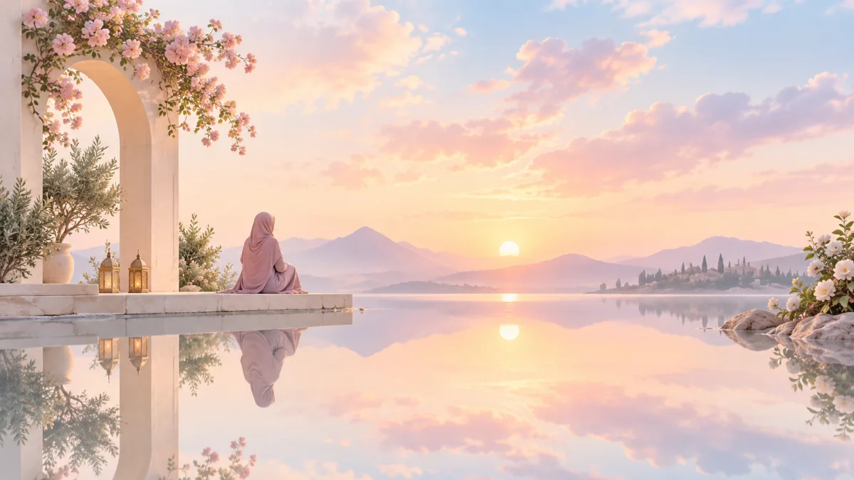 Woman seated beside a still lake reflecting the sunset, illustrating deeper iman reflection